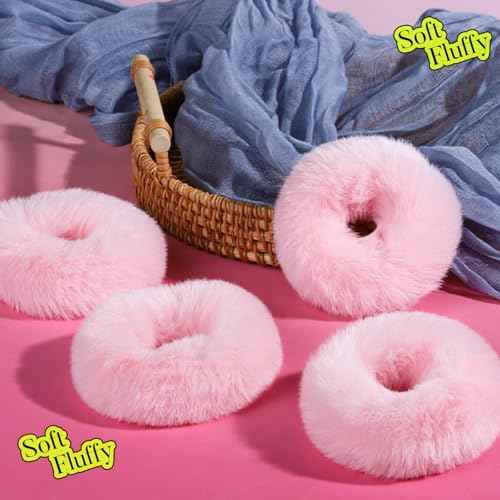 YGDZ 4PCS Pink Pom Pom Hair Ties, Furry Faux Rabbit Fur Light Pink Scrunchies, Hair Ties Ponytail Holders, Hair Accessories for Girls Women