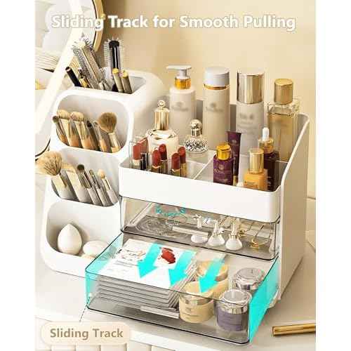 Makeup Organizer with Drawers, Skincare Organizer (Large Size Thick), Storage Box Cosmetic Display Cases, Make up Organizers for Vanity, Dresser, Desk, Kitchen, Countertop (White)