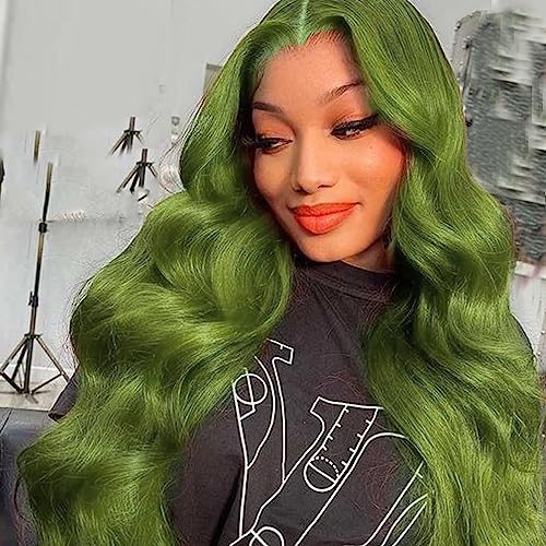 Green Lace Front Wig Body Wave Glueless Lace Wigs Olive Green Long Curly Wavy Pre Plucked Natural Wig Synthetic Heat Resistant Fiber Hair Colorful Wig for Women Daily 24 Inch