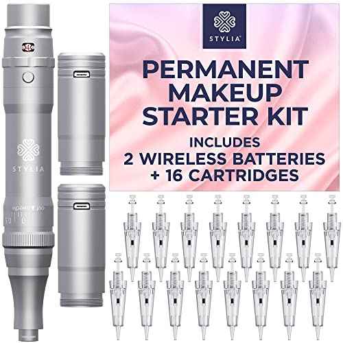 Stylia Permanent Makeup Machine Set ? Wireless Machine Kit with 2 Rechargeable Lithium Batteries, Power Adaptor and 16 PMU Cartridges ? Microblading Pen, Low-Noise, High-Speed Motor (SILVER)
