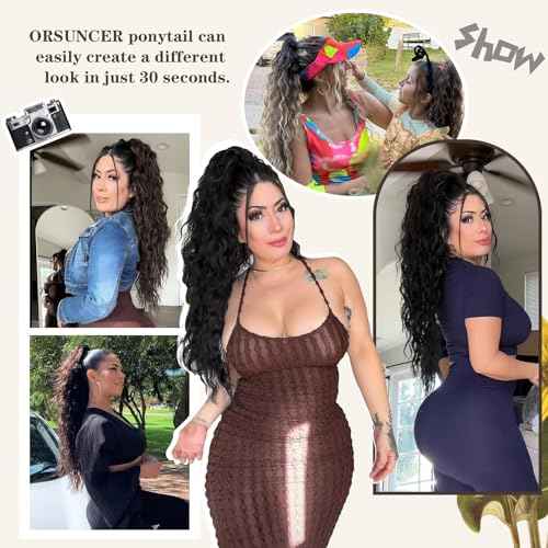 ORSUNCER Claw Long Wavy Ponytail Extension Black Brown 30" Curly Pony Tail Clip in Hair Extensions for Women fluffy Natural Looking Synthetic Hairpiece for Daily Use