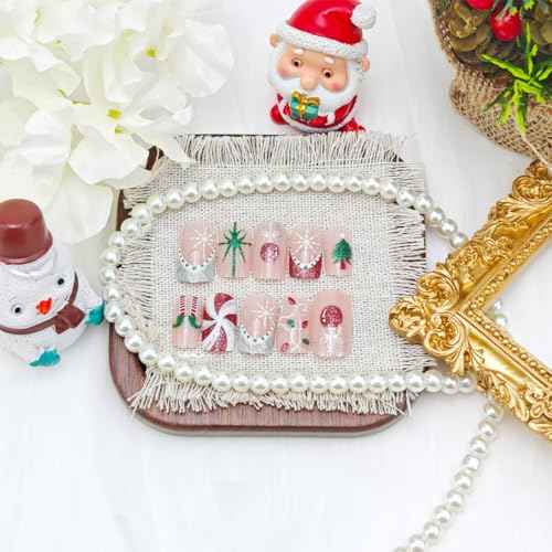 24Pcs Cute Christmas Press on Nails Medium Square French Tip Fake Nails Candy Canes Christmas Tree Light Gift Design Full Cover Xmas Glue on Nails Winter False Nails Glitter Stick on Nail for Women