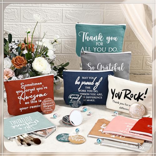 40 Pcs Employee Appreciation Gifts Inspirational Canvas Makeup Bags Compact Mirrors Bulk Cosmetic Bags Portable Mirror Thank You Gifts for Women Christmas Nurse Practitioner (Praise)