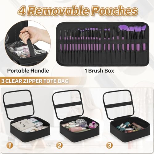 Extra Large Rolling Makeup Case with 4 Removable Pouches, Professional Cosmetic Bag with Wheels, Travel Make up Bag for Makeup Artist Hairstylists Nail with Detachable Trolley