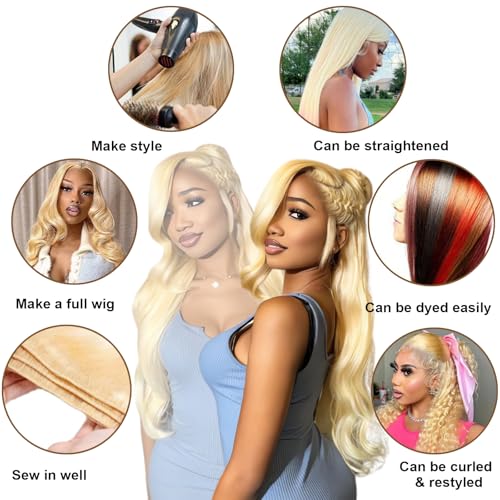 613 Bundles Human Hair 14 14 14 Inch Blonde Body Wave, 100% Real Human Hair Sew in Quick Weave Bundles Human Hair Extensions Double Weft, No Synthetic Blend, Dyeable