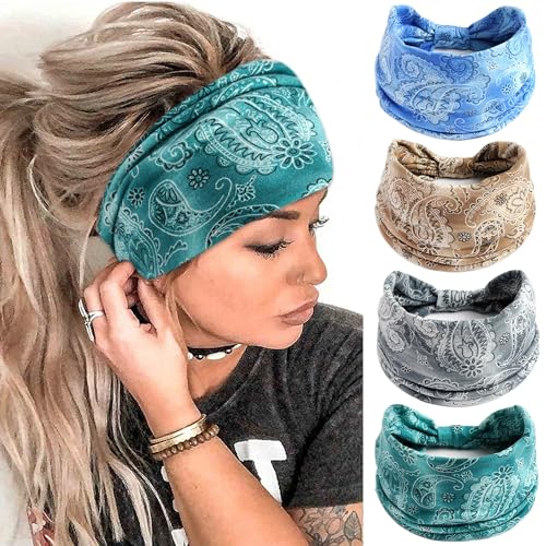 FULZTEY Boho Headbands for Women Fashion Wide Head Bands Floral Print Hairband Elastic Workout Yoga Sweatband Knot Cloth Turban Large African Bandana Headwraps Cute Hair Accessories Gift 4Pcs