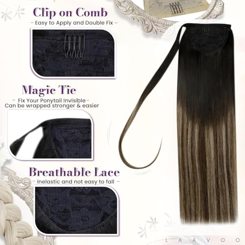LaaVoo Ponytail Extension Human Hair Black Pony Tails Hair Extensions Real Human Hair Long Ponytail Hair Extensions Black Balayage Dark Brown Mix Caramel Blonde 20 Inch 80g