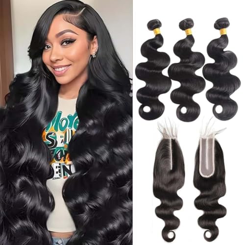16 18 20 Inch Body Wave Bundles with Closure (14 Inch 2x6 HD Lace Closure) Human Hair Brazilian 3 Bundles with Closure Unprocessed Virgin Human Hair deep Middle Part