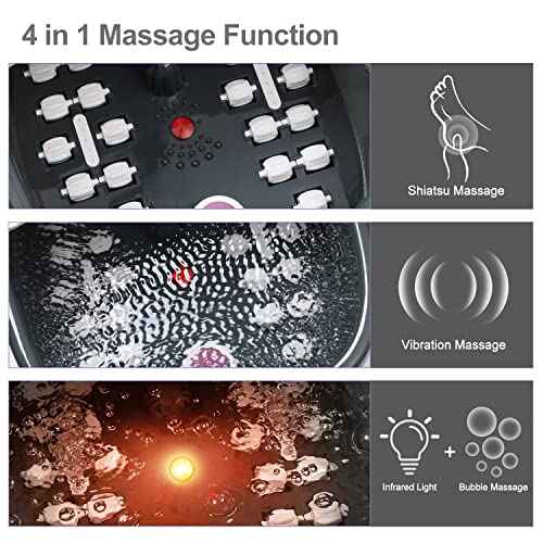 Foot Spa Bath Massager with Heat Bubbles and Vibration Massage and Jets, 16 OZ Calming Lavender Foot Soak Epsom Salt, Foot Soaker with Red Light, 22 Massage Rollers, Adjustable Temp - Black