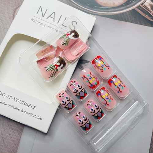 24Pcs Christmas Press on Nails Square Medium Length Fake Nails Cute Cartoon Elk Xmas Lights Stick on Nails Full Cover Acrylic False Nails with Design Winter Glue on Nails for Women DIY Christmas Nails