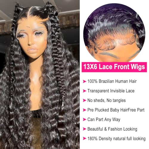 180% Density 13x6 Deep Wave Lace Front Wigs Human Hair Pre Plucked Glueless Transparent HD Lace Frontal Wigs Human Hair Brazilian Virgin Black Hair Natural Hairline 20 Inch Wig