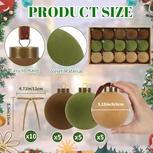 IPOPU 15PCS 3.15" Velvet Christmas Balls with 10PCS Velvet Bows Christmas Tree Ornaments Set Flocked Christmas Balls for Xmas Decorative Hanging Ornaments(Brown, Green, Khaki)