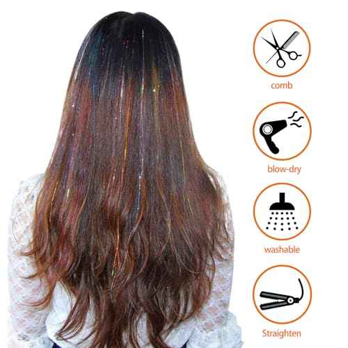 12PCS Tinsel Hair Extensions Glitter Hair Extension Clip in Gold Sparkling Fairy Hair Tinsel Kit Shiny Highlights Colorful Heat Resistant Hair Accessories for Girls Xmas New Year Party-Red