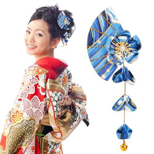1 Pair Japanese Style Hair Clips Sector Tassel Hair Accessories Flower Kimono Traditional Hairpins Barrette Cherry Blossom Hair Clamp Bride Hanfu Accessory for Womens (Dark Blue)