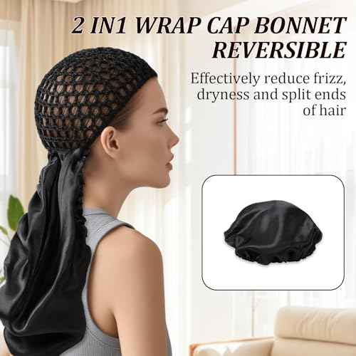2 In1 Wrap Cap Bonnet Reversible Adjustable Tie Band, Silk Bonnet Hair Wrap Cap for Silk Press, New Satinbonnet for Sleeping, Double Layered Nettie Band for Curly Natural and Braided Hair (Black)