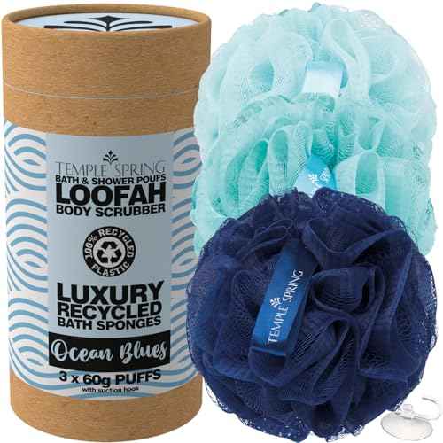 Temple Spring Recycled Luffa Sponge, Bathroom Shower Accessories, Loofa Bath Sponge, Exfoliating Body Scrubber Exfoliator Pouf, Shower Scrubber Puff, Poof, Loofah for Women, Loofah for Men -Ocean Blue
