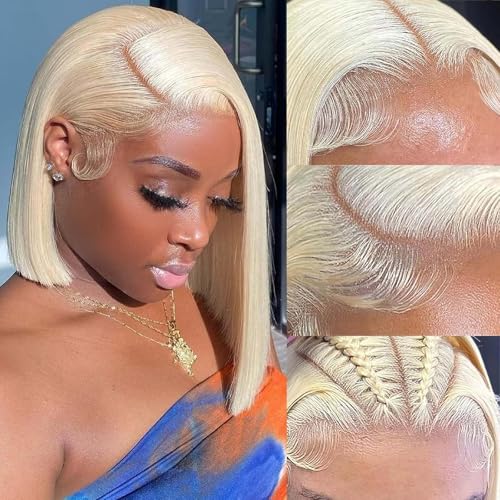 613 Blonde Bob Wigs Human Hair 13x4 HD Lace Front Bob Wig Remy Human Hair Pre Plucked With Baby Hair for Women, 10 Inch Honey Blonde 613 Lace Frontal Wig Glueless Straight Short Bob Wigs 180 Density