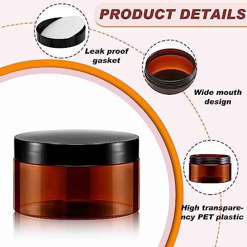 Dandat 24 Pcs 8 oz Plastic Jar Container with Lid and Label Refillable Empty Round Amber PET Cosmetic Sample Containers for Lotion, Cream, Ointments, Body Butter, Makeup, Travel Storage