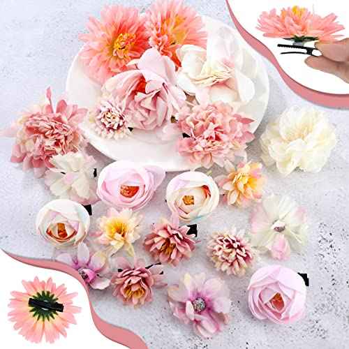 BBTO 21 Pcs Flower Hair Clip Rose Hair Clips Barrettes for Women Flower Accessories Boho Bride Claw Clip Hairpin Brooch Pin Headpiece for Wedding(Pink, White)