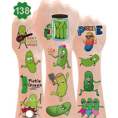 138Pcs Pickle Funny Temporary Tattoos Stickers - Green Pickle Tattoos Party Favors for Pickle Stuff Lovers, Pickle Birthday Party Decorations, 15 Sheets Pickle Themed Gifts