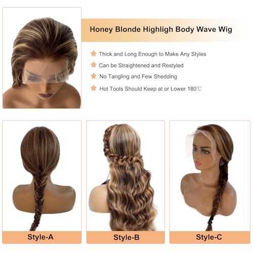 OiMiGO Lace Front Wig Human Hair 13x4 Highlight HD Transparent Lace Frontal Wigs Remy Human Hair High Density 4/27 10A Unprocessed Wigs with Natural Hairline for Women 26Inch