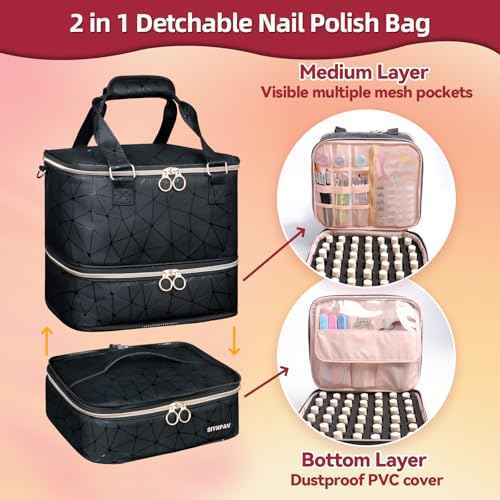 Nail Polish Organizer Bag Holds 84 Bottles (15ml/0.5fl.oz)& Nail Lamp, 3 Layers Detachable Nail Kit Storage Case PU Leather, Large Travel Nail Supplies Shoulder Bag for Manicure Tools (Black)