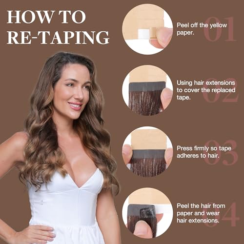 GOO GOO Tape in Hair Extensions Human Hair, 4/27/4 Balayage Chocolate Brown to Caramel Blonde, 20inch 100g 40pcs, Skin Weft Seamless Invisible, Silky Straight with Thick Ends, Remy Human Hair