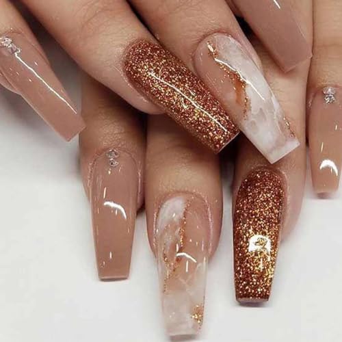 Long Press on Nails Marble False Nails Art Full Cover Acrylic Coffin Orange Fake Nails for Women and Girls 24PCS