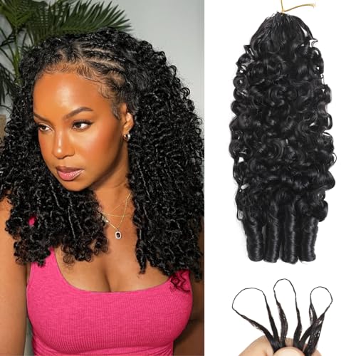 Beauty Queen 3C4A Burmese Curly Human Crochet Hair 18inch 60g Knotless Pre-Separated Feather Crochet Real Human Hair Lightweight Reusable Remy Hair Extensions for Women Natural Black Color