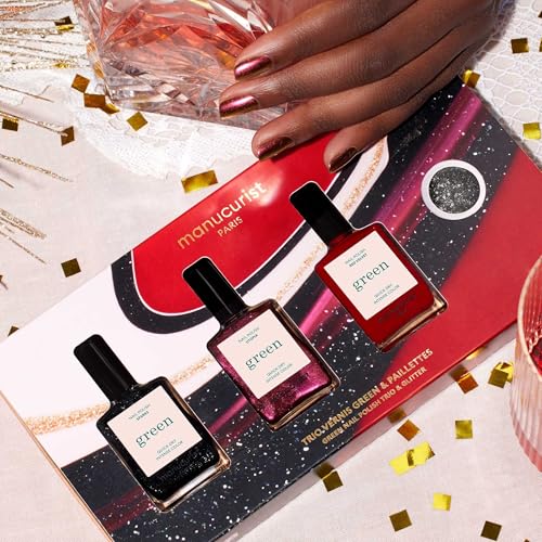 Manucurist Green Gift Set - 3 Vegan Nail Polish With Biodegradable Glitter - Black, Brown, Red Kit - Christmas Gifts for Women - Secret Santa - Holiday Gel Gift Box - Christmas Presents
