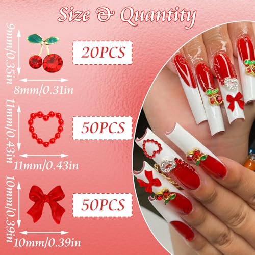 BELICEY 120Pcs Bow Nail Charms Red Acrylic Flatback Heart Nails Decoration Alloy Cherry Charms for Nails Gems and Rhinestones for Women Manicure DIY Nail Art Design Crafts