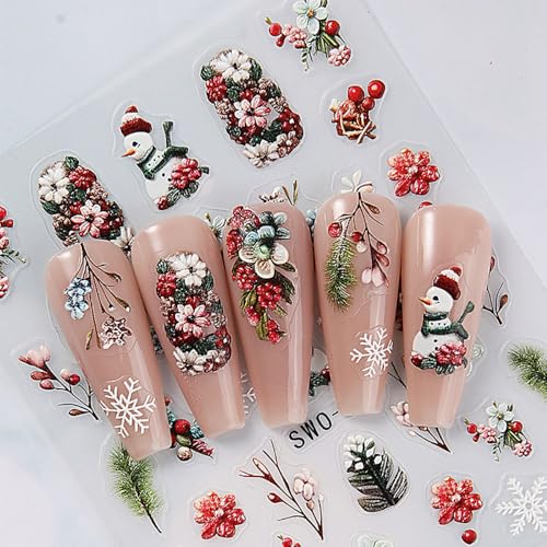 Christmas Nail Art Stickers Christmas Snowman Nail Sticker 3D Self-Adhesive Snowflake Nail Decal Flower Fruit Nail Art Supplies Holiday DIY Manicure Designs Nail Decoration for Women 3Pcs