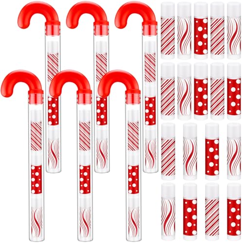 24 Pack Christmas Lip Balm Bulk Peppermint Candy Flavor Lip Balm with Candy Cane Tubes Christmas Party Gifts Stocking Stuffers Holiday Employee Staff Teacher Appreciation Gifts for Women(Stylish)