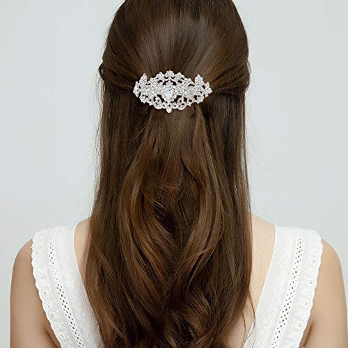 EVER FAITH Rhinestone Crystal CZ 1920's Style Bride Hair Barrette Flower Art Deco Clear Silver-Tone