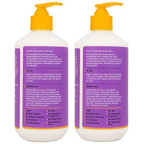Alaffia Everyday Shea Body Lotion - Normal to Very Dry Skin, Moisturizing Support for Hydrated, Soft, and Supple Skin with Shea Butter and Lemongrass, Fair Trade, Lavender, 2 Pack - 16 Fl Oz Ea