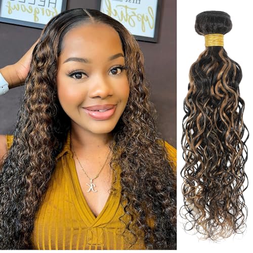 ALHER #1B/27 Skunk Stripe Highlight Water Wave Bundles 26 Inch, Balayage Ombre Black with Blonde Wet and Wavy Curly Single Bundle, 100% Unprocessed Virgin Remy Human Hair Soft Thick Sew In Double Weft