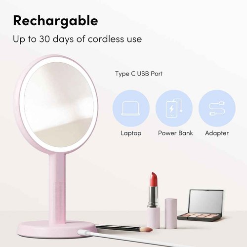 Fancii Cami Handheld Travel Makeup Mirror with Lights, Rechargeable, Extra Large, Double Sided 5X / 1X Magnifying Mirror - 3 Color Lighting, Handheld or Vanity (Strawberry Cream)