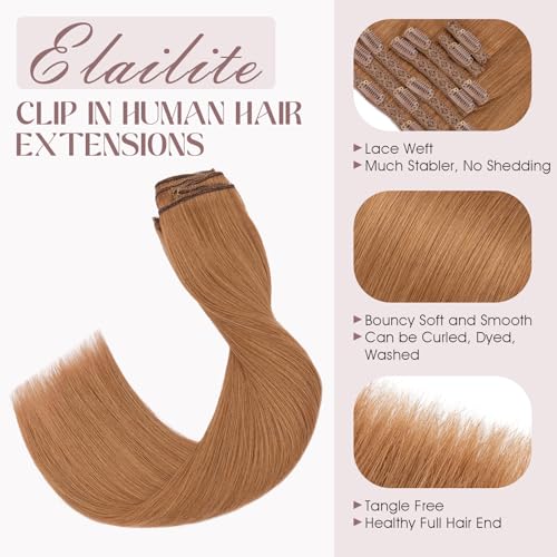 Elailite Clip in Hair Extensions Real Human Hair, Remy Hairpieces for Women, 7PCS Lace Weft Full Head, 16 Inch 110g Light Auburn