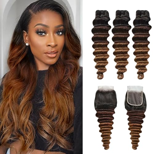 1B/2/30 Ombre Bundles With 4x4 Closure Loose Deep Wave Human Hair 12 14 16+12 Inch,10A Brazilian Hair Ombre Chestnut Brown Curly Wave Sew In Bundles and 4x4 Lace Closure