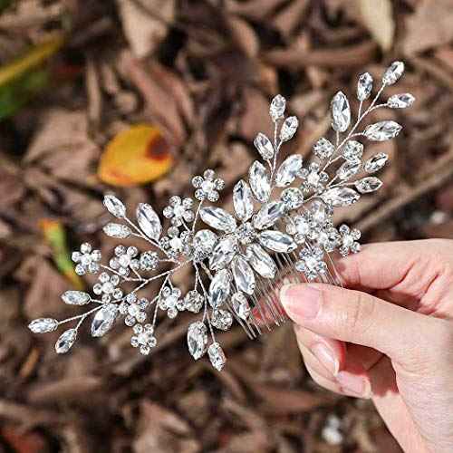 Unsutuo Crystal Bride Wedding Hair Comb Silver Rhinestone Flower Bridal Hair Pieces Pearl Wedding Hair Accessories for Women and Girls(Silver)
