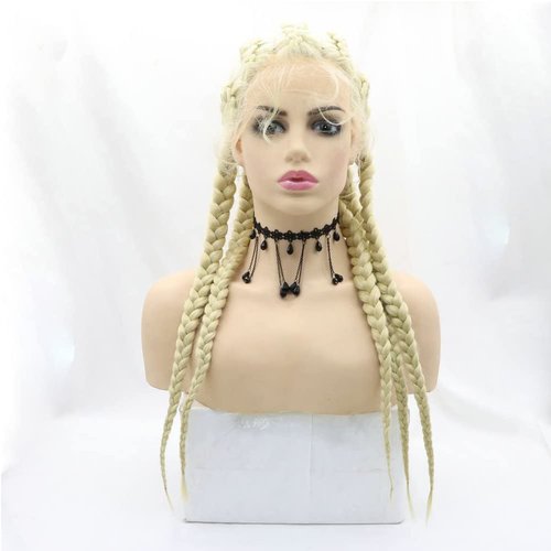 Kalisa 613 Blonde Braid Wig Fully Handmade Blonde 5 Braids Wig Synthetic Blonde Lace Wig with Baby Hair Heat Resistant Fiber 5 Braided Daily Makeup Wigs for Women 24 Inch