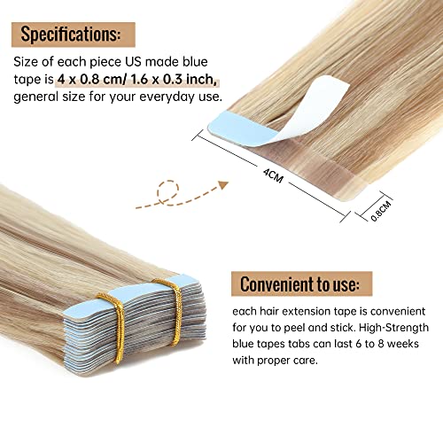 JESSBO Tape in Hair Extensions Human Hair Ash Blonde Highlighted Bleach Blonde 24 inch 20pcs 50g/pack Straight Seamless Skin Weft 100% Real Human Hair (24 Inch #P18/613)