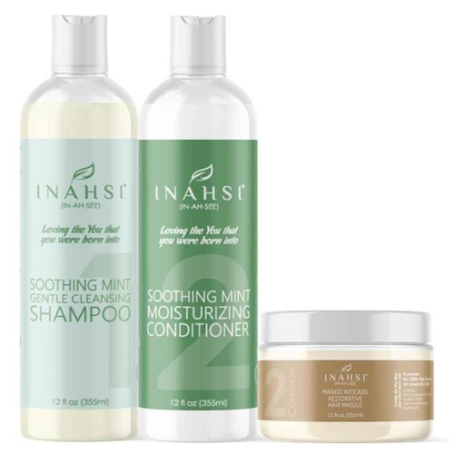 Inahsi Wash Day Collection | Gentle Cleansing Shampoo, Soothing Mint Conditioner & Mango Avocado Hair Mask | Moisturizing, Strengthening, Restoring | Curly Hair Care Bundle