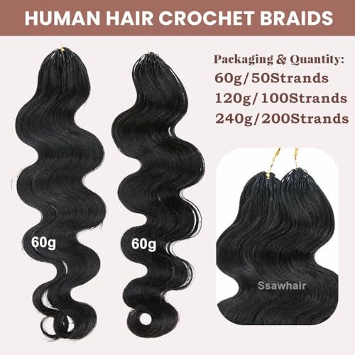 Body Wave Crochet Human Hair Knotless Pre-Separated Braid Virgin Human Hair With String Pre-Looped Reusable Feather Crochet Hair Extensions 20Inch 60g 50Strands
