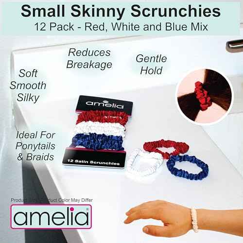 Amelia Beauty, Red, White and Blue Mix, Skinny Satin Scrunchies, 12 Pack ? 2in Diameter, Gentle & Strong Hold, No-Snag, No-Dent, Crease-Free Hair Ties