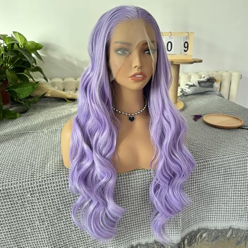 RONGDUOYI Lavender Body Wave Lace Front Wig Synthetic Hair For Women Ready To Wear Glueless Light Purple Wig Heat Resistnt Natural Hairline Long Hair Cosplay 24Inches