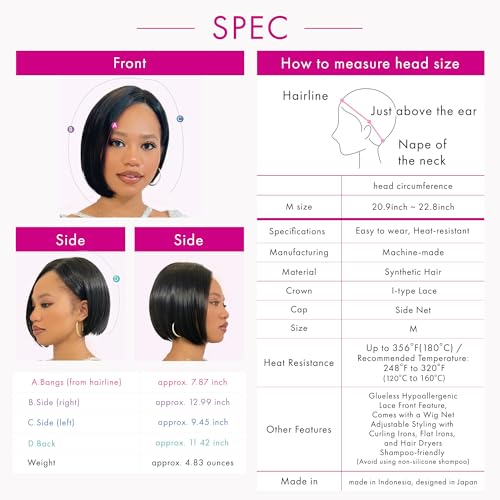 Exotic Bob Wig for Black Women - Snug Fit Cap, Handcrafted Airy Bangs, Seamless Lace Front, Asymmetrical, Rounded Nape, Glueless, Hypoallergenic, Heat Resistant (Natural Black)