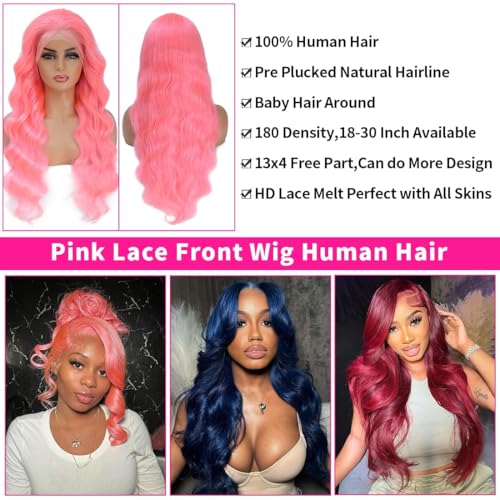 Pink Lace Front Wigs Human hair Pink Wigs Human Hair Body Curly Human Hair Wig For Women Body Wave Lace Frontal Wigs Human Hair 200% Density HD Transparent Pre Plucked 26 inch