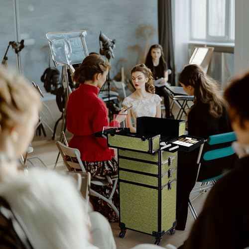 BYOOTIQUE 4in1 Cosmetology Cases on Wheels Rolling Makeup Organizer Cart Professional Nail Tech Storage Hairdressing Brush Bags for Nail Artist Beauty Barber Salon Hairstylist,Rococo Moss