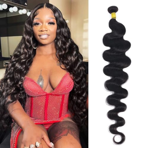 Cirvty 32 Inch Body Wave Bundle Human Hair 1 Bundles Body Wave Bundles 100% Unprocessed Brazilian Virgin Hair Bundles Double Weft Weave Bundles Human Hair Natural Black Color
